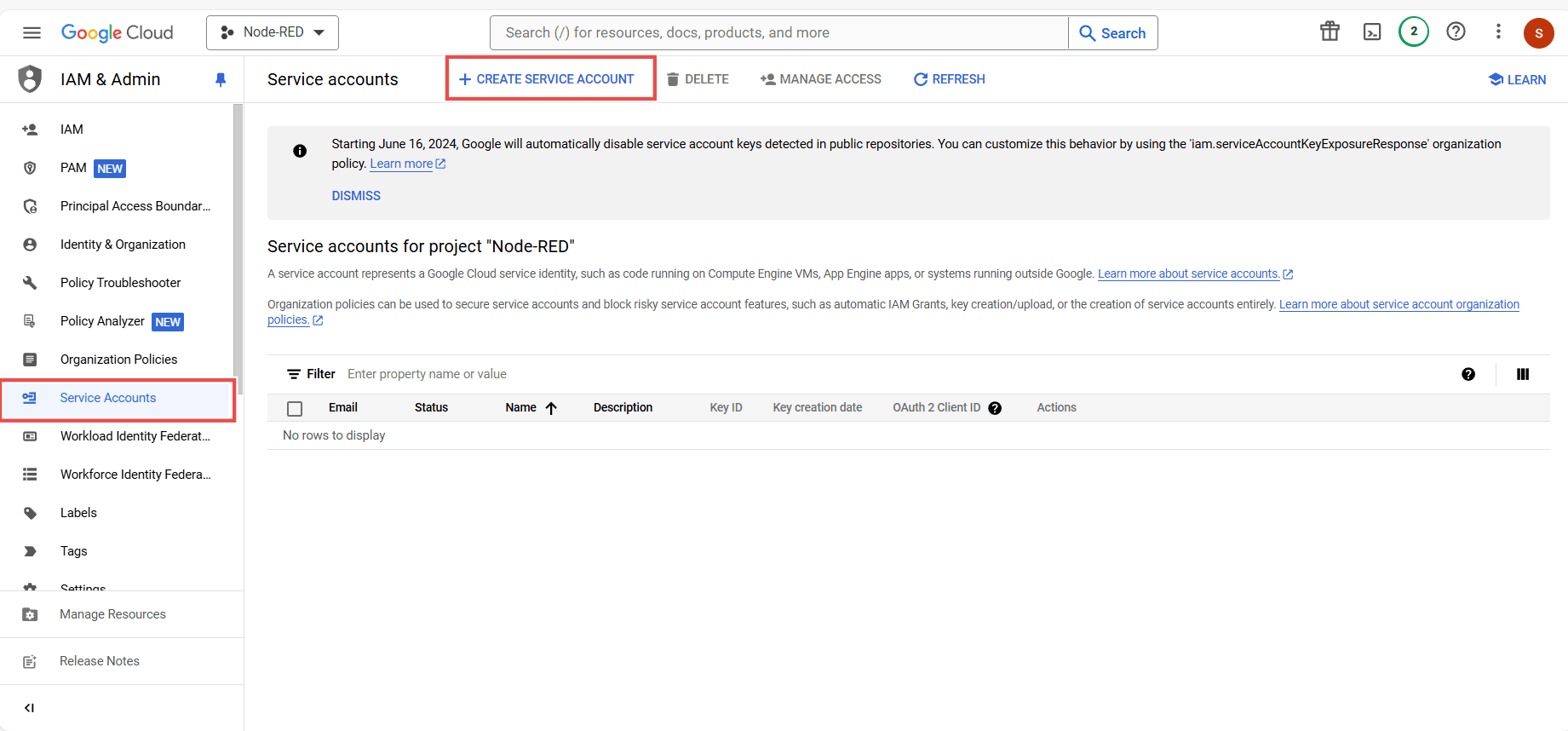 Screenshot showing the 'Create Service Account' option "Screenshot showing the 'Create Service Account' option"