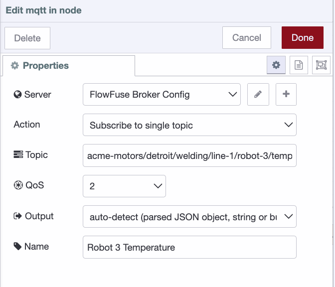 MQTT in node configured in Node-RED with topic set to the ISA-95 hierarchy and QoS set to 2. MQTT in node configured in Node-RED with topic set to the ISA-95 hierarchy and QoS set to 2.
