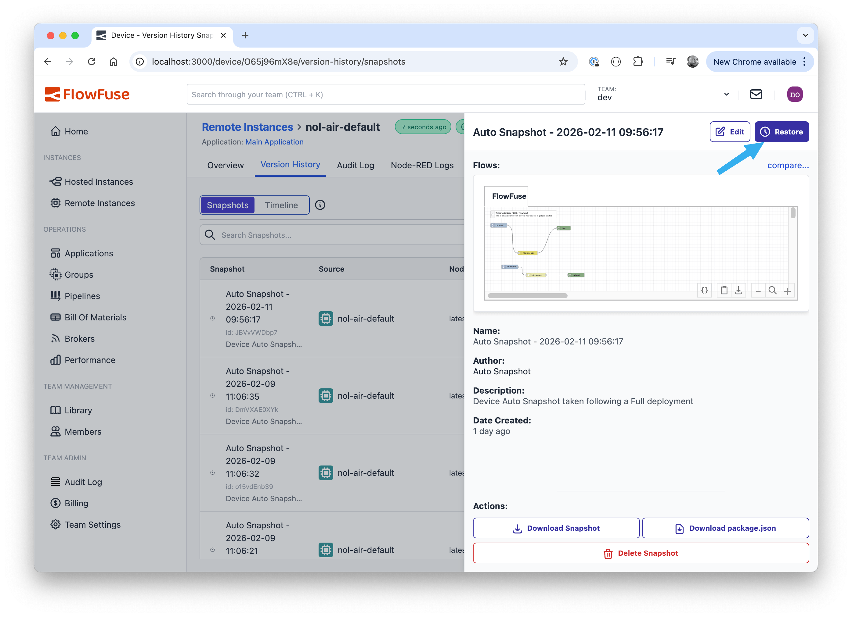 Restoring a snapshot to a Developer-Mode Remote Instance